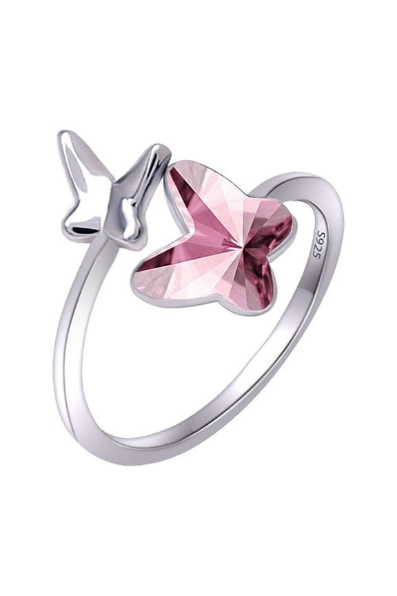 Sterling Silver Infinity Butterfly Ring Embellished with Crystals from Austria, Hypoallergenic Adjustable Size Open Ring, Fine Anniversary Birthday Jewelry Gifts for Women (Pink 2)