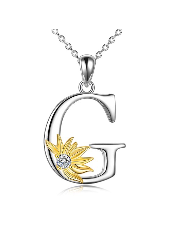 Sterling Silver Initial Alphabet Letter G Script Name Pendant Chain Necklace for Women for (Sunflower G)