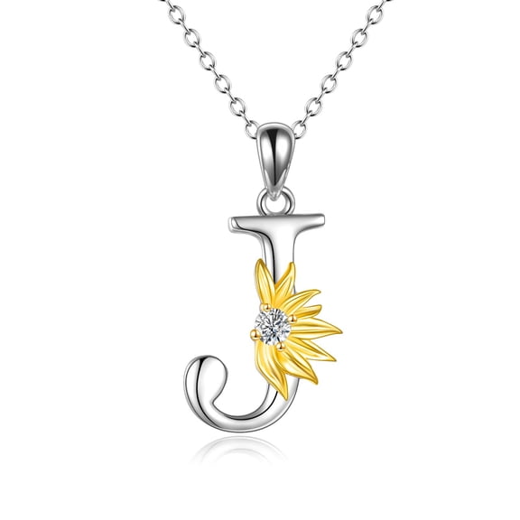 YAFEINI Sterling Silver Initial Alphabet Letter Script Name Pendant Chain Necklace for Women (Sunflower J)