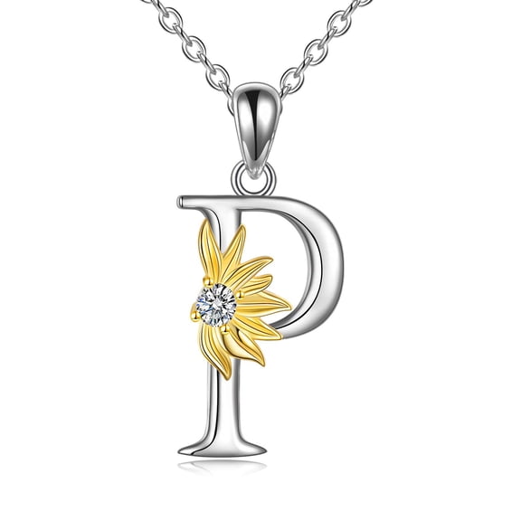 YAFEINI Sterling Silver Initial Alphabet Letter Script Name Pendant Chain Necklace for Women for (Sunflower P)