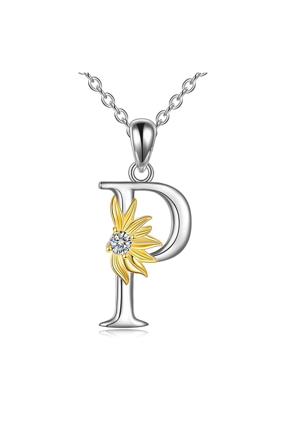 Sterling Silver Initial Alphabet Letter Script Name Pendant Chain Necklace for Women for (Sunflower P)