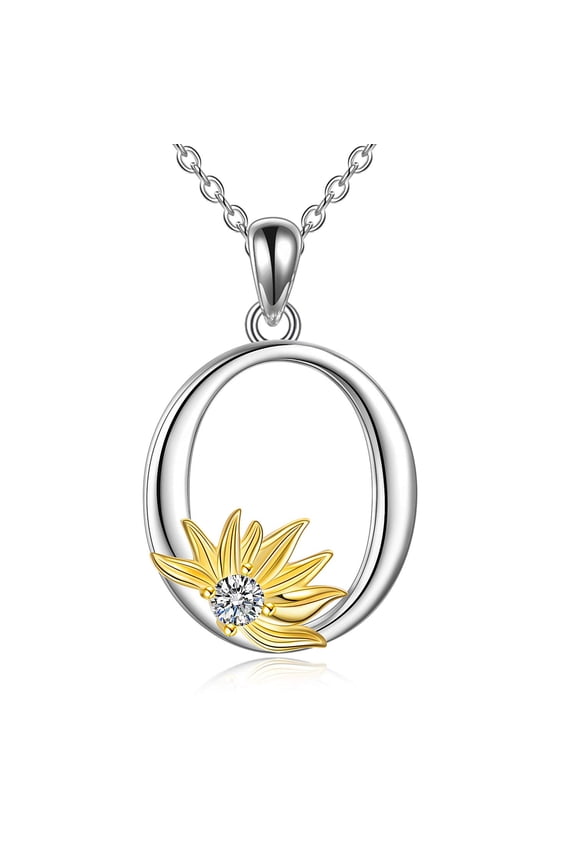 Sterling Silver Initial Alphabet O Letter Script Name Pendant Chain Necklace for Women for (Sunflower O)