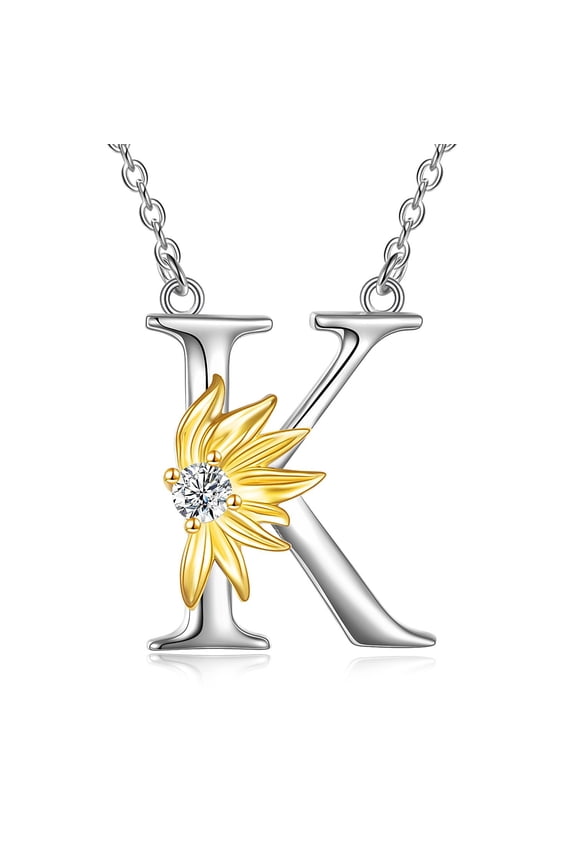 Sterling Silver Initial K Alphabet Letter Script Name Pendant Chain Necklace for Women (Sunflower K)