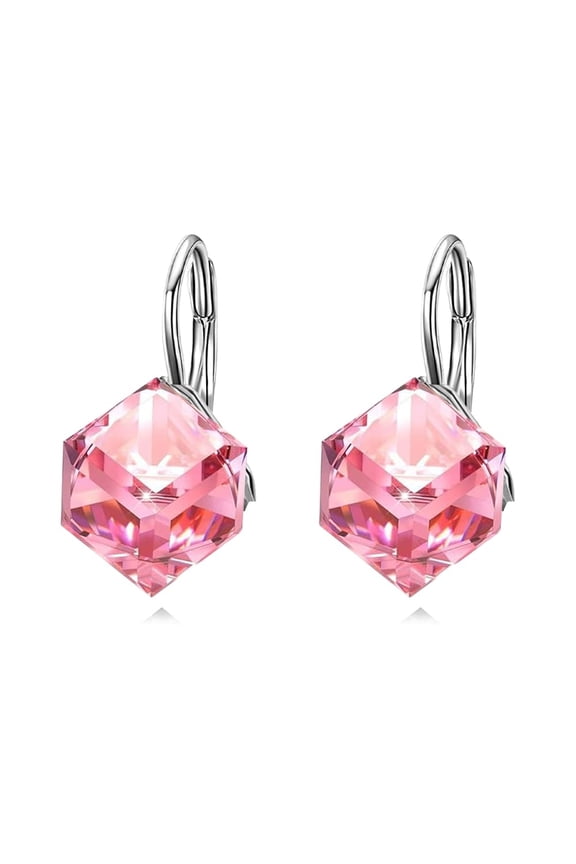 Sterling Silver Leverback Earrings Embellished with Crystals from Austria, Hypoallergenic 6mm Cube Crystal Square Earrings, Fine Anniversary Birthday Jewelry Gifts for Women-5