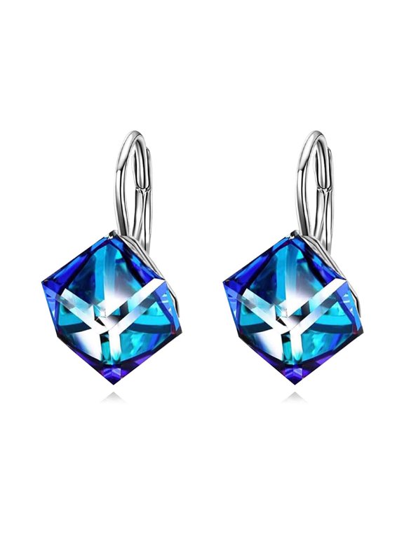 Sterling Silver Leverback Earrings Embellished with Crystals from Austria, Hypoallergenic 6mm Cube Crystal Square Earrings, Fine Anniversary Birthday Jewelry Gifts for Women-3