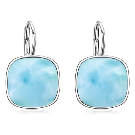 YAFEINI Sterling Silver Leverback Earrings Embellished with Crystals from Austria, Hypoallergenic Cushion Cut Square Crystal Earrings, Fine Anniversary Birthday Jewelry Gifts for Women (larimar)