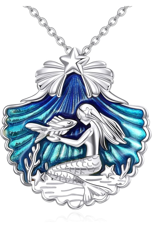Sterling Silver Mermaid Shell Pendant Necklace - Beach Ocean Jewelry Gift For Women