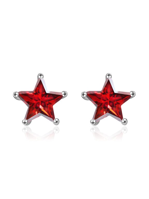 Sterling Silver Red Garnet Ruby Cubic Zirconia Star Earrings Star Stud Earring for Women Birthstone Jewelry Gifts for Women