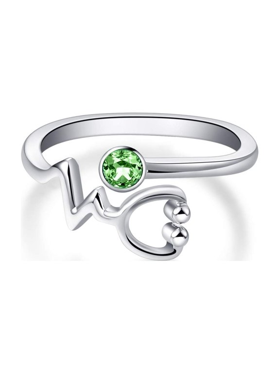 Sterling Silver Stethoscope Heartbeat EKG Ring Embellished with Simulated Peridot Crystal from Austria, Doctor Nurse Gifts for Medical Student Stethoscope Jewelry RN Gifts for Nurse(Green)