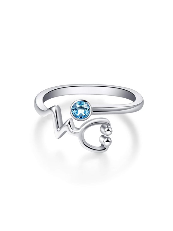 Sterling Silver Stethoscope Heartbeat EKG Ring, Simulated Aquamarine Crystal from Austria, Doctor Nurse Jewelry Medical Gifts for Women, RN Gifts for Nurse Female Graduation Nurse Week(Blue)
