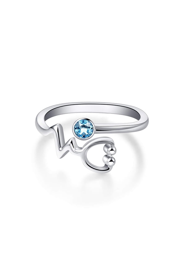 Sterling Silver Stethoscope Heartbeat EKG Ring, Simulated Aquamarine Crystal from Austria, Doctor Nurse Jewelry Medical Gifts for Women, RN Gifts for Nurse Female Graduation Nurse Week(Blue)