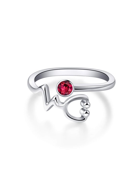 Sterling Silver Stethoscope Ring Embellished with Simulated Ruby Crystal from Austria, Medical Jewelry for Nurse Doctor Medical Student, RN Gifts for Graduation Nurse Week (Red)
