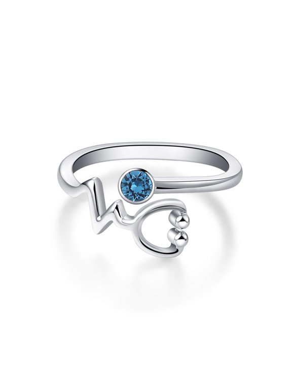 Sterling Silver Stethoscope Ring Heartbeat EKG Ring with Blue Crystal from Austria, Doctor Nurse Gifts Medical Jewelry for Women, RN Gifts for Nurse Medical Student Graduation Nurse Week