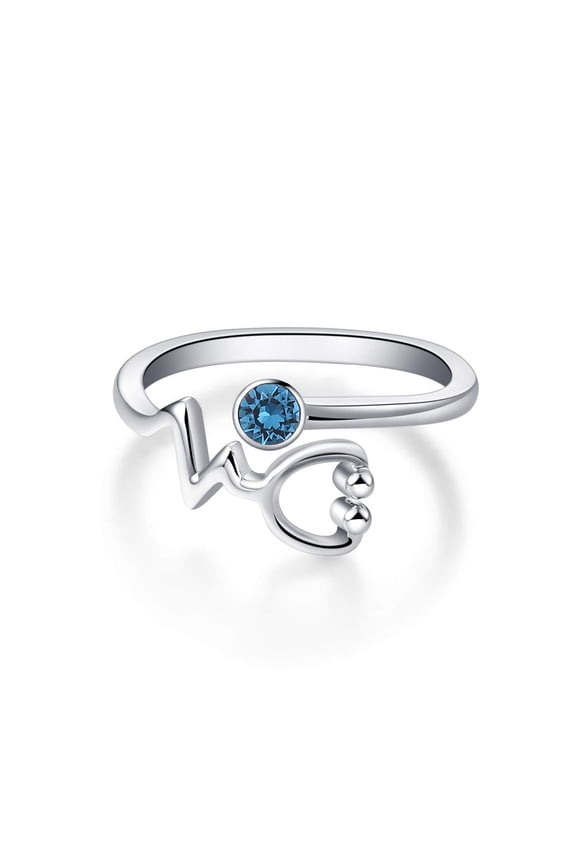 Sterling Silver Stethoscope Ring Heartbeat EKG Ring with Blue Crystal from Austria, Doctor Nurse Gifts Medical Jewelry for Women, RN Gifts for Nurse Medical Student Graduation Nurse Week