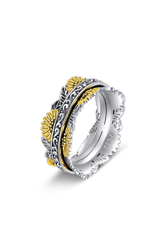 Sterling Silver Sunflower Flower Anxiety Spinner Rings Rotatable Fidget Mood Rings for Women Relieve Stress Gift 7 Size