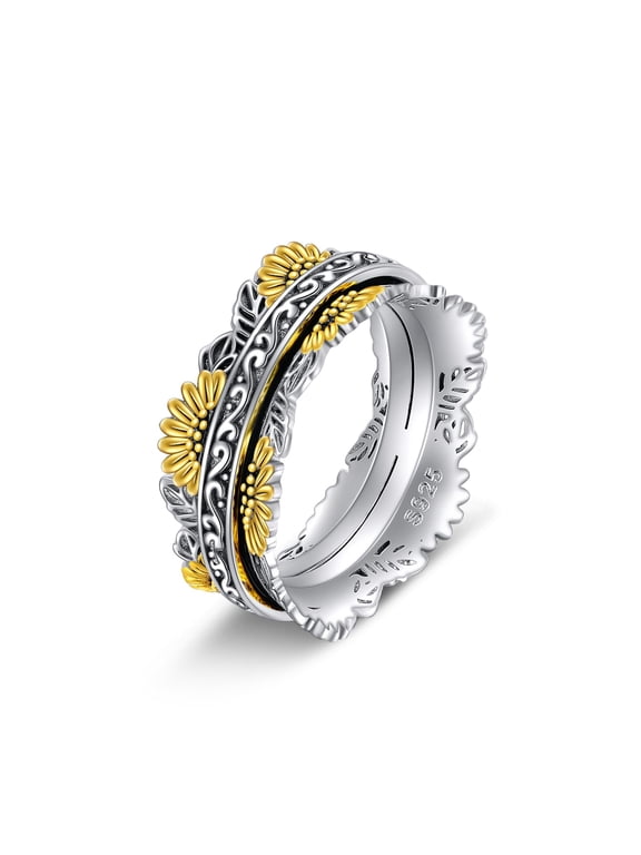 Sterling Silver Sunflower Flower Anxiety Spinner Rings Rotatable Fidget Mood Rings for Women Relieve Stress Gift 7 Size