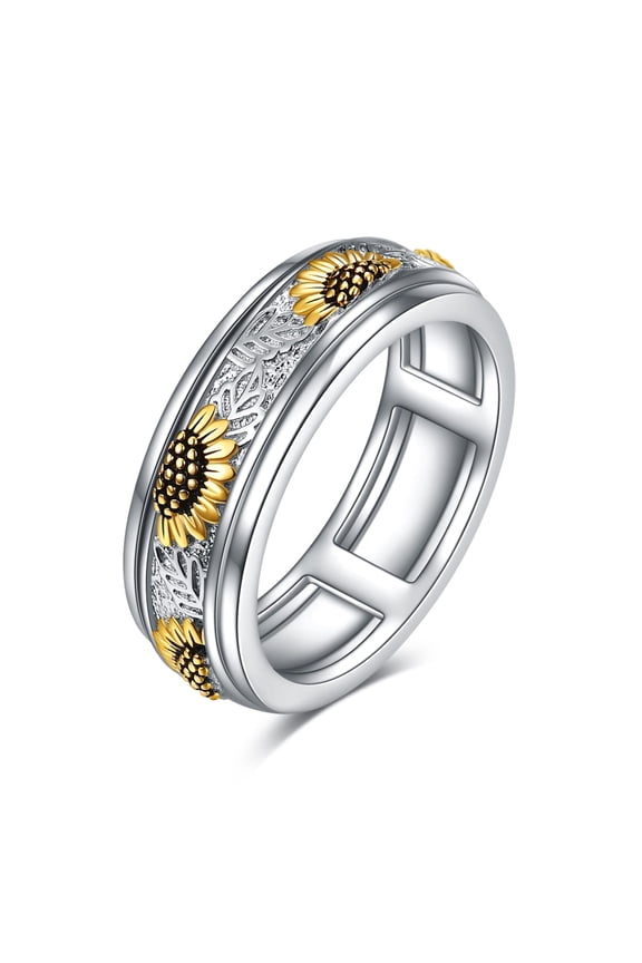 Sterling Silver Sunflower Flower Anxiety Spinner Rings Rotatable Mood Rings for Women Men Relieve Stress Gift 10 Size