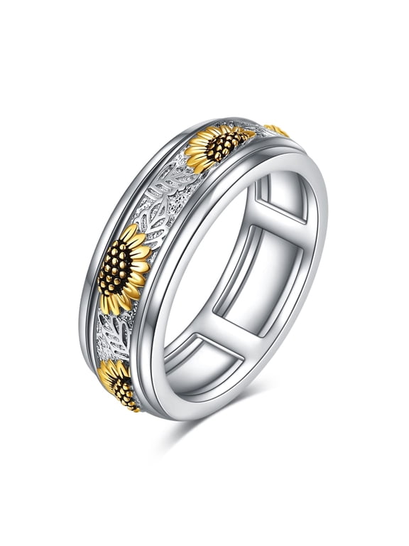 Sterling Silver Sunflower Flower Anxiety Spinner Rings Rotatable Mood Rings for Women Men Relieve Stress Gift(6 Size)