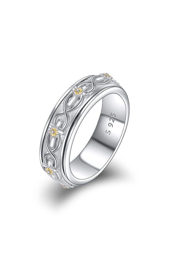 Sterling Silver Sunflower Flower Cross Anxiety Spinner Rings Rotatable Fidget Mood Rings for Women Relieve Stress Gift 9 size