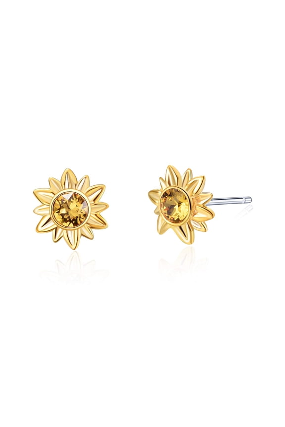 Sterling Silver Sunflower Stud Earrings Two Tone Flower Studs with Crystal,Gold Plated Jewelry Gift for Women