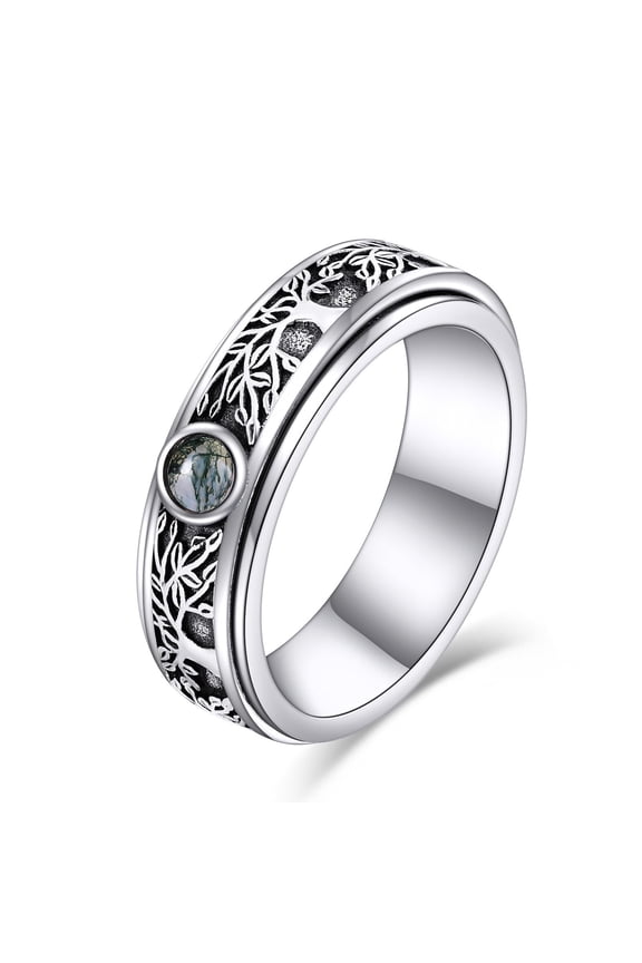 Sterling Silver Tree of Life Anxiety Spinner Rings Moss Agate Fidget Rotatable Mood Rings for Women Men 5 Size