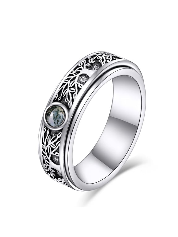 Sterling Silver Tree of Life Anxiety Spinner Rings Moss Agate Fidget Rotatable Mood Rings for Women Men 9 Size