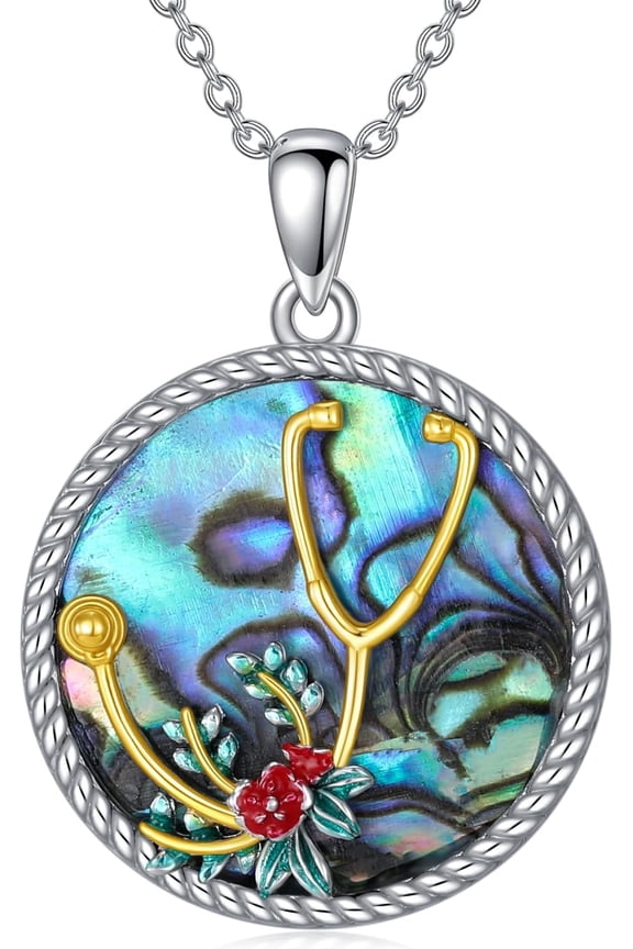 Stethoscope Necklace for Nurse 925 Sterling Silver Stethoscope Pendant Abalone Shell Stethoscope Necklace Jewelry Nurse's Day Graduation Gifts for Doctor Nurse