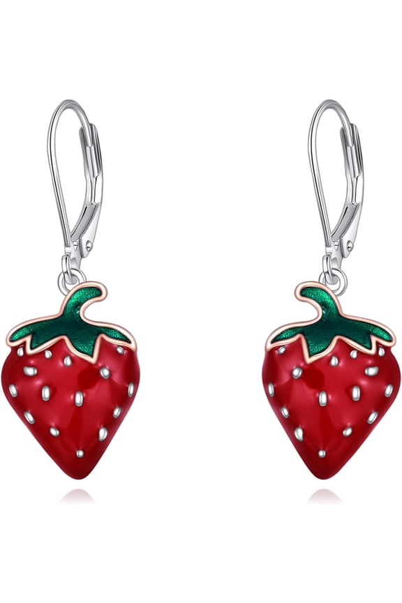 Strawberry Earrings 925 Sterling Silver Red Strawberry Dangle Earrings for Women Strawberries Jewelry Gift