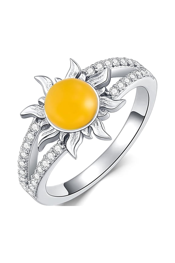 Sun Ring 925 Sterling Silver Amber Ring Sunshine Ring Jewelry Gift for Women (Size 7)