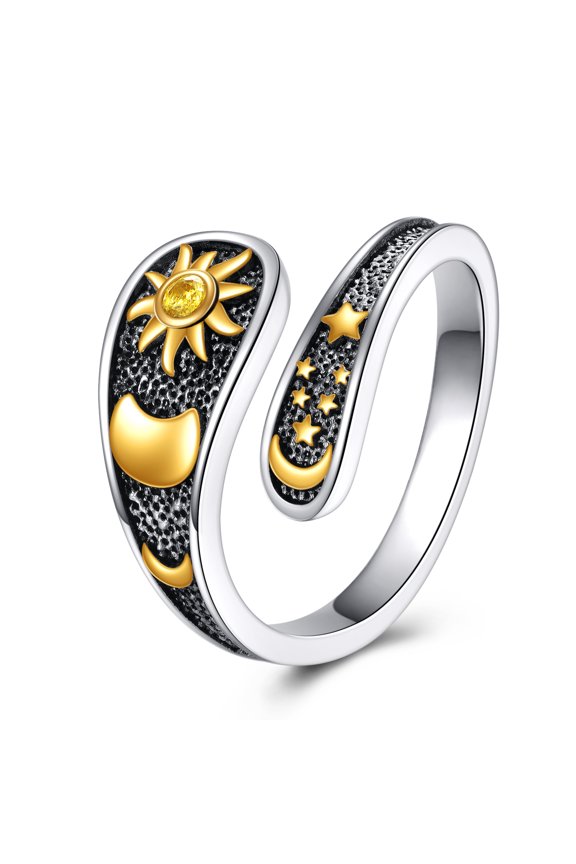 Sun and Moon Rings 925 Sterling Silver Moon and Star Ring Spoon Rings for Women Open Rings Adjustbale 6-9#