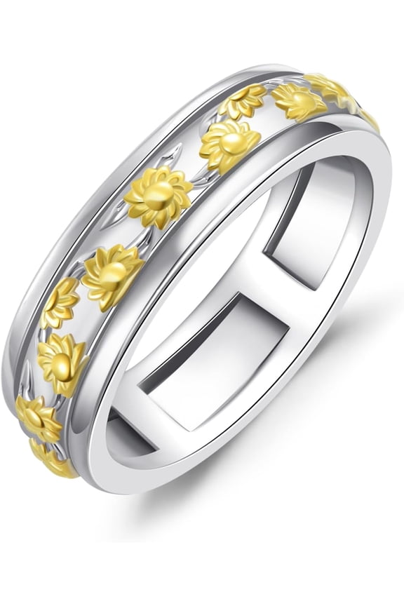 Sunflower Anxiety Spinner Rings Sterling Silver Sunflower Rotatable Mood Rings for Women Relieve Stress Gift