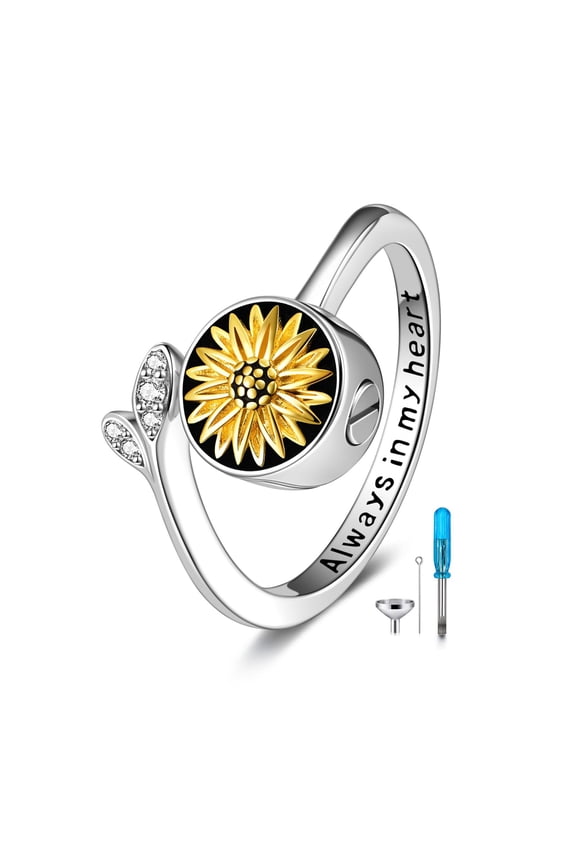 Sunflower Urn Ring 925 Sterling Silver Sunflower Cremation Rings for Women Flower Ring Urn for Ashes Always in My Heart Jewelry Birthday Gifts for Women