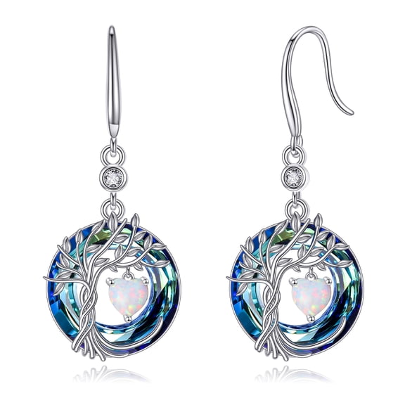 YAFEINI Tree of Life Earrings 925 Sterling Silver Dainty Blue Opal Dangle Drop Gemstone Earring October Birthstone Fine Jewelry Birthday Christmas Gifts for Women Her