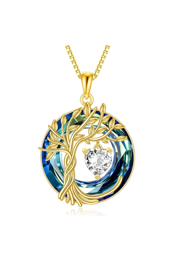 Tree of Life Necklace 925 Sterling Silver Birthstone Pendant Necklaces with Crystal Anniversary Birthday Wedding Jewelry for Wife Sister (18K Gold Plated-Blue Crystal, 04-Apri-CZ)