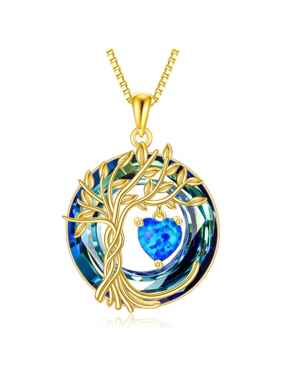 Tree of Life Necklace 925 Sterling Silver Blue Opal October Birthstone Pendant Necklaces with Crystal Anniversary Birthday Wedding Jewelry for Mom Her Wife Sister