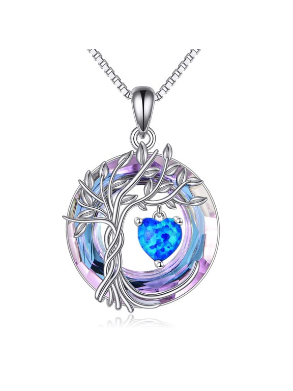 Tree of Life Necklace 925 Sterling Silver Blue Opal October Birthstone Pendant Necklaces with Crystal Anniversary Birthday Wedding Jewelry for Mom Her Wife Sister