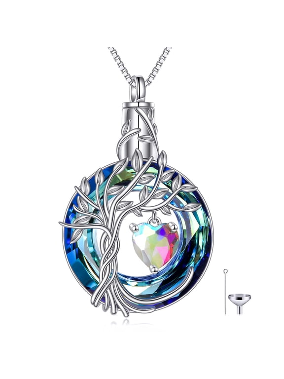 Tree of Life Urn Necklaces for Ashes Aurora Borealis April Birthstone Cremation Jewelry 925 Sterling Silver Crystal Memorial Keepsake Funeral Jewelry for Women (with Funnel Filler)