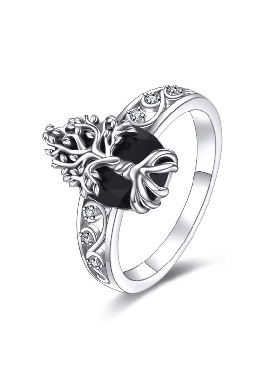 Tree of Life Ring Sterling Silver Black Tourmaline Ring Crystal Healing Jewelry Spiritual Protection Gifts for Women 6#