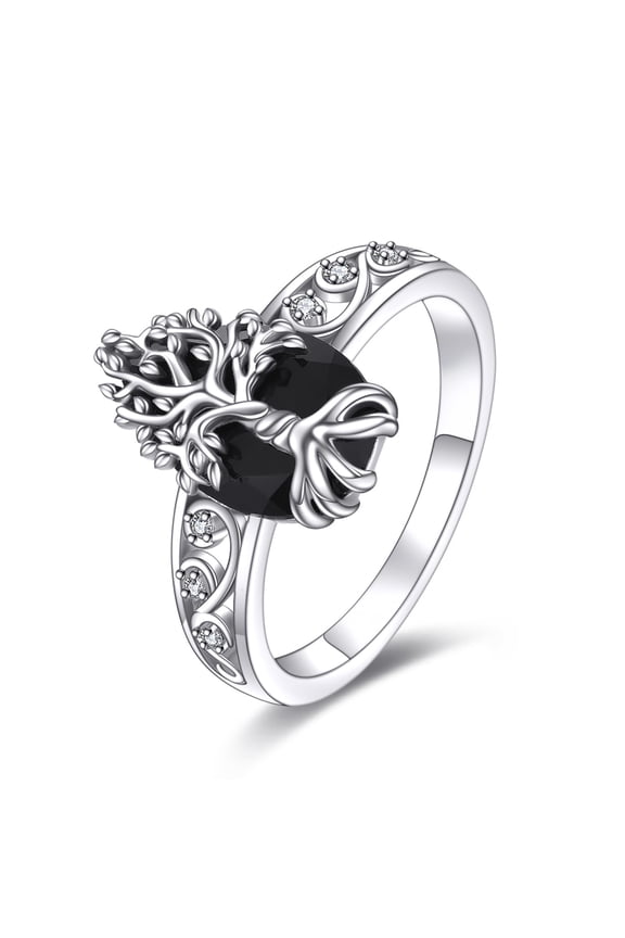 Tree of Life Ring Sterling Silver Black Tourmaline Ring Crystal Healing Jewelry Spiritual Protection Gifts for Women 6#