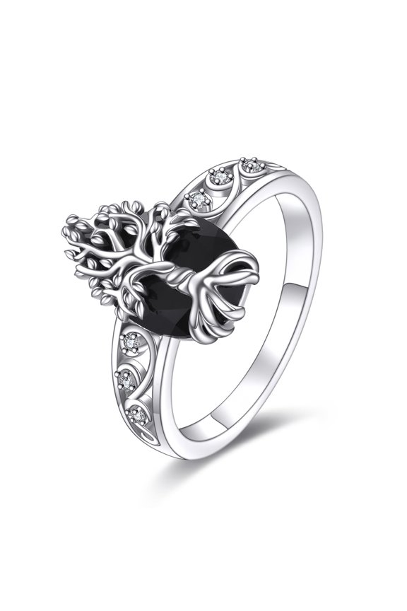 Tree of Life Ring Sterling Silver Black Tourmaline Ring Crystal Healing Jewelry Spiritual Protection Gifts for Women 8#