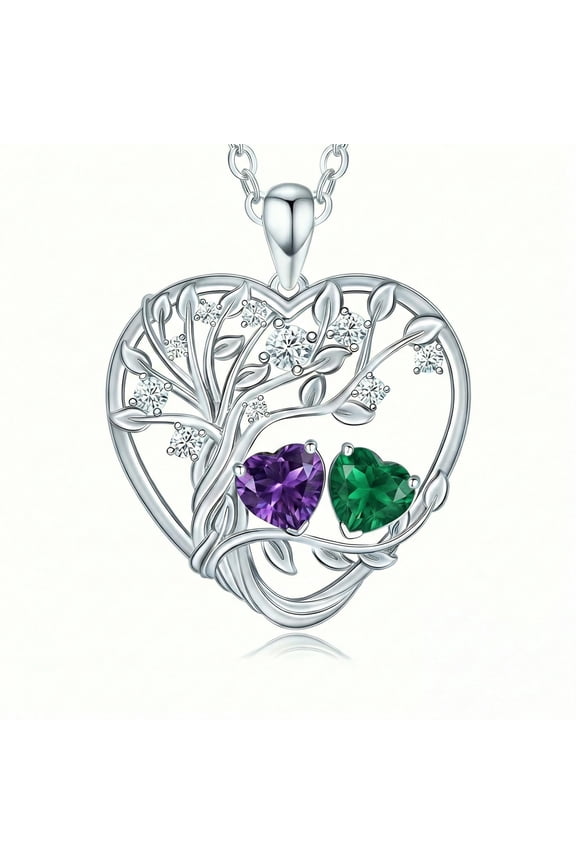Tree of life Birthstone Necklace 2 Heart Birthstone Pendant Love Heart Birthday Jewelry Gifts for Her Grandmother Mom Wife