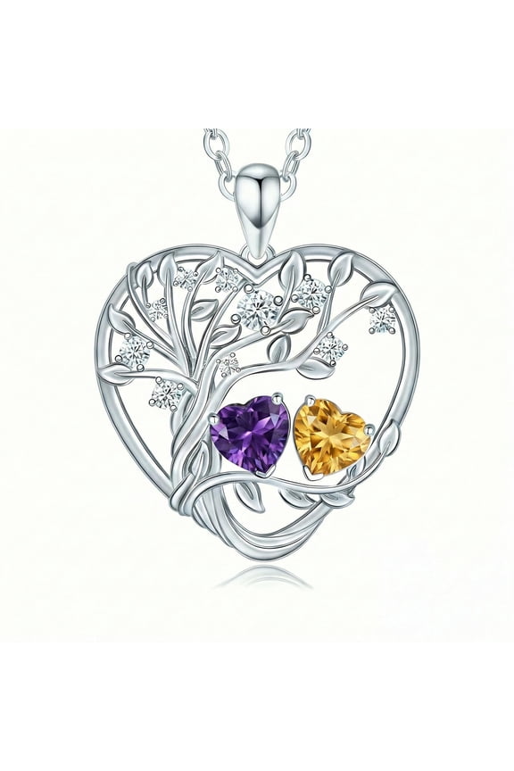 Tree of life Birthstone Necklace 2 Heart Birthstone Pendant Love Heart Birthday Jewelry Gifts for Her Grandmother Mom Wife