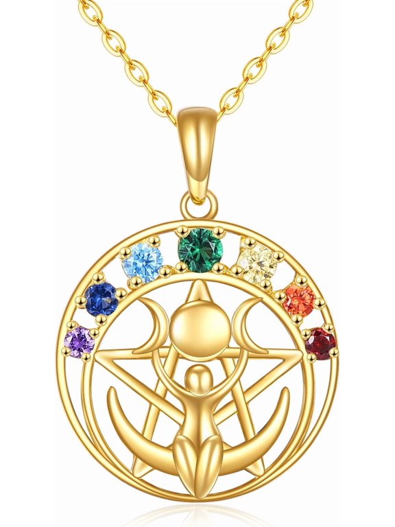Triple Moon Goddess Necklace 14K Gold Chakra Moon Pentagram Pentacle Necklace Pagan Wiccan Magic Amulet Jewelry Christmas Gifts for Women Her