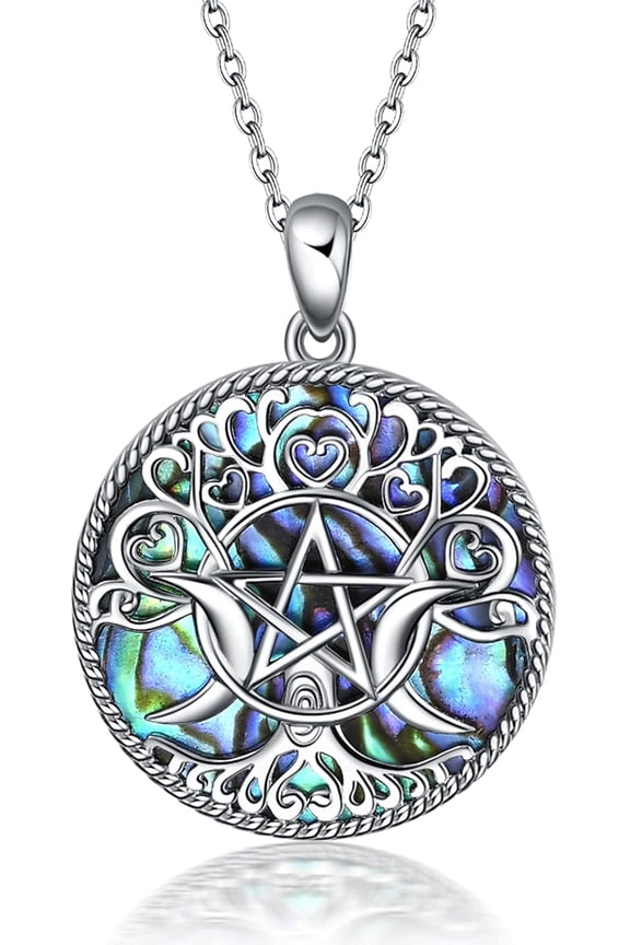 Triple Moon Goddess Necklace Sterling Silver Pentagram Pentacle Opal Pendant necklace Pagan Wiccan Magic Amulet Tree of Life Jewelry for Women Men 18"