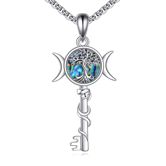 YAFEINI Triple Moon Key Necklace Sterling Silver Life of Tree Pendant Goddess Wiccan Artemis Jewelry for Women