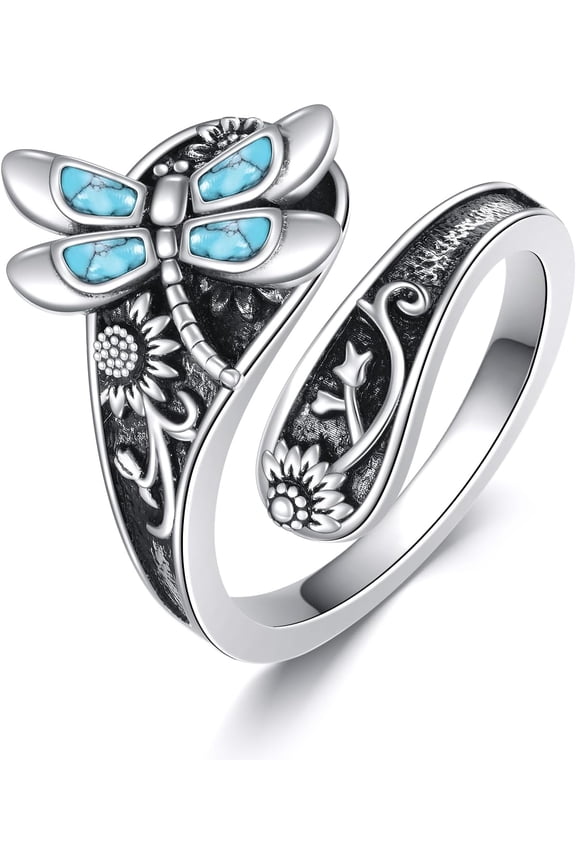 Turquoise Spoon Ring Sterling Silver Vintage Dragonfly Turquoise Adjustable Size 7 Spoon Ring Western Jewelry Gifts for Women
