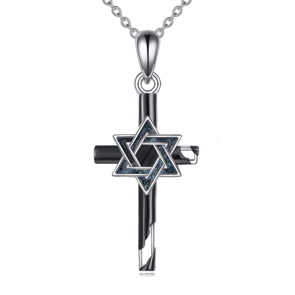 YAFEINI Turquoise Star of David Cross Pendant Necklace Sterling Silver Black Religious Christian Jewish Jewelry Gifts for Women Men