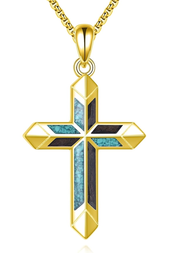 Turquoise and Wood Cross Pendant Necklace, S925 Sterling Silver, Black Religious Jewelry for Men Women Chain 22+2"