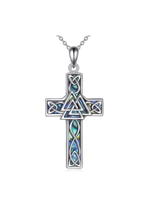 Valknut Necklace Sterling Silver Celtic Cross Pendant Abalone Shell Viking Jewelry Gifts for Women Men