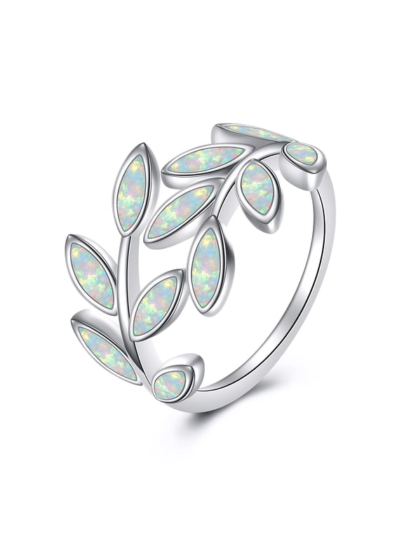 White Opal Leaf Ring for Women Leaf Ring Size 9 Opal Jewelry Gifts for Mother Wife Birthday Anniversary( Size 9)
